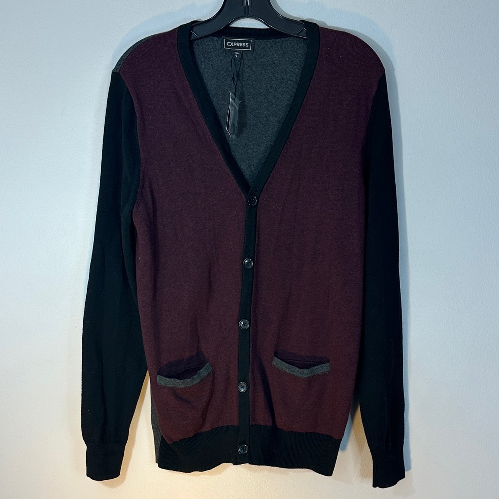 Express Men's Burgundy and Black Cardigan Sweater